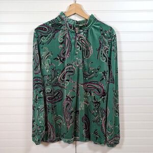Charter Club Blouse Womens XL Velvet Paisley Kelley Green Rhinestone Button